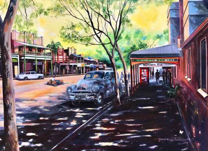Stephen Thomas painting of a Quiet Morning in Bangalow, New South Wales. Painting dimensions are 75cm x 55cm.