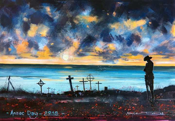 Stephen Thomas painting of Anzac Day 2018. Painting dimensions are 33cm x 22cm.