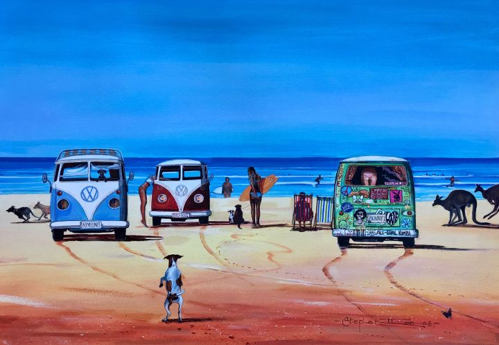 Stephen Thomas painting of three Kombi Vans parked on the beach. Painting dimensions are 57.5cm x 41cm.