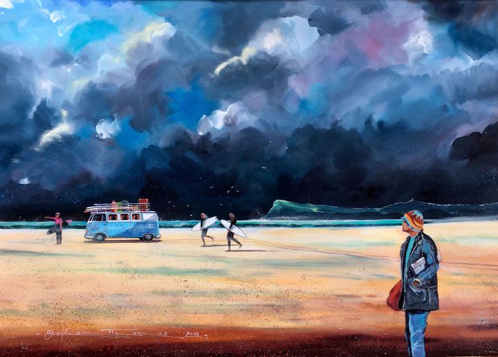 Stephen Thomas Painting of Brocky Watching the Young Guns Hit the Wildest Surf of the Season. Painting dimensions are 68cm x 48cm.