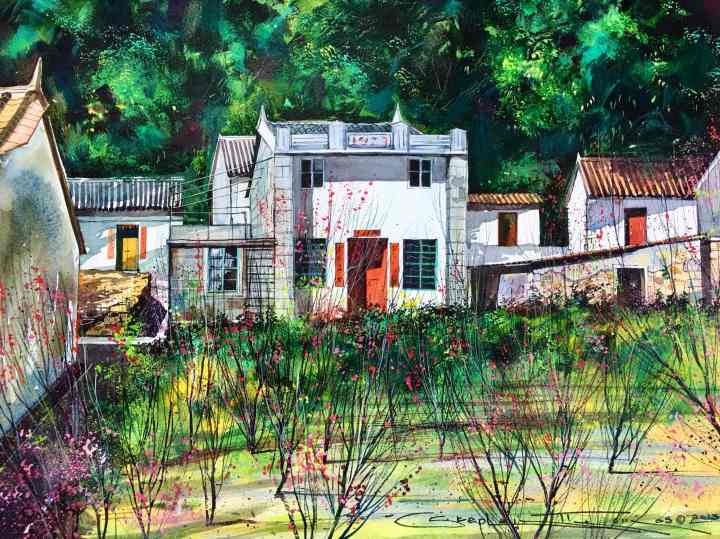 Stephen Thomas painting of Chinese New Year - Lamma Island, Hong Kong. Painting dimensions are 49.5cm x 39.5cm.