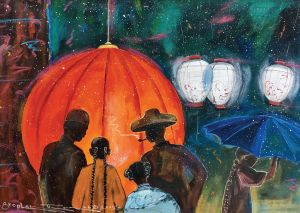 Stephen Thomas painting of Chinese New Year. Painting dimensions are 37cm x 26cm.