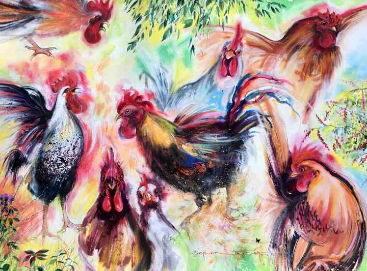 Stephen Thomas painting of chickens in the chook house using mixed media of watercolour, inks, liquid acrylic, pastels and powder pigments. Painting dimensions are 74cm x 56cm.
