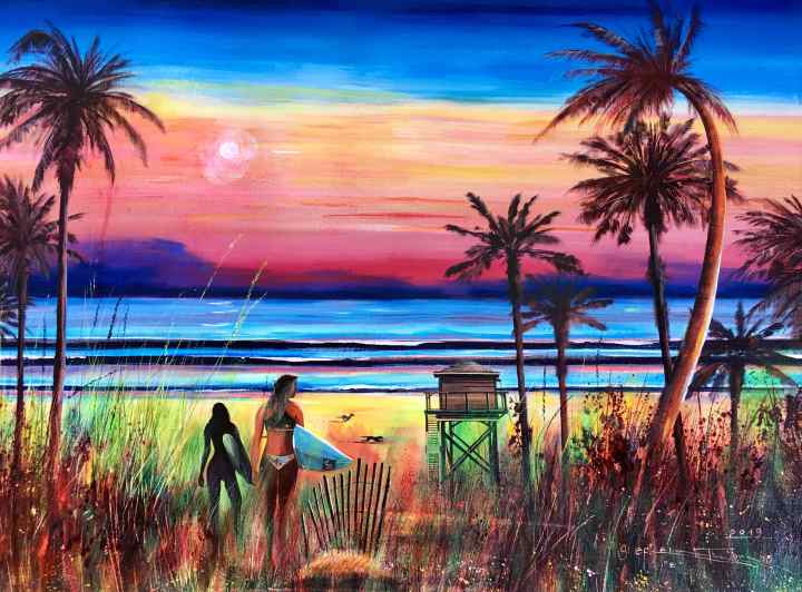 Stephen Thomas painting of Moonlight Surf, surfers on the beach. Painting dimensions are 75cm x 54.5cm.