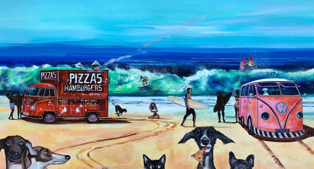Stephen Thomas painting of a kombi van and a Pizza and Burger Truck parked on the beach and a pack of dogs having pizza. Painting dimensions are 57.5cm x 41cm.