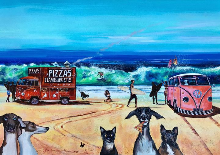 Stephen Thomas painting of a kombi van and a Pizza and Burger Truck parked on the beach and a pack of dogs having pizza. Painting dimensions are 57.5cm x 41cm.