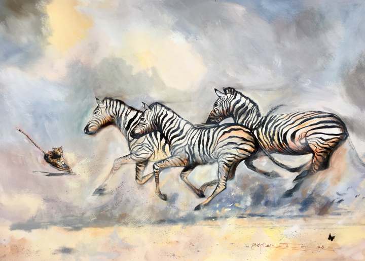 Stephen Thomas painting of running cheetah and three running zebras very close to collide using mixed media of watercolour, inks, liquid acrylic, pastels and powder pigments. Painting dimensions are 70cm x 50cm.