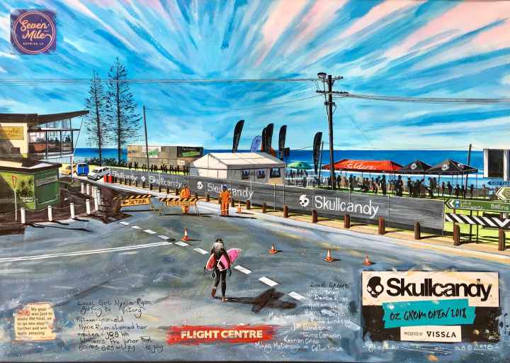 Stephen Thomas painting of the Skull Candy Oz Grom 2018 in Seven Mile Beach, Lennox Head, New South Wales. Painting dimensions are 58cm x 40.5cm.