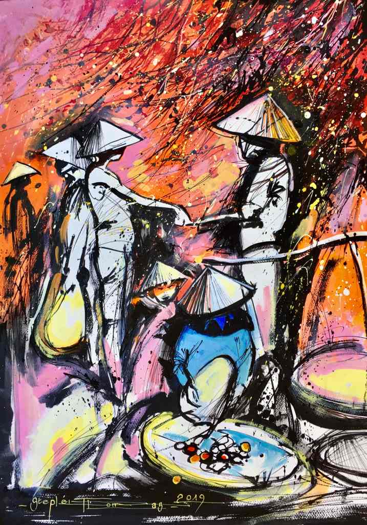 Stephen Thomas painting of "Tet", Chinese New Year in Hanoi, Vietnam. Painting dimensions are 69.5cm x 49.5cm.