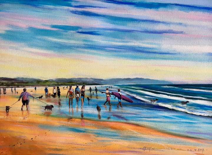 Stephen Thomas painting of "Walkies", you will see people walking their dogs on Seven Mile Beach, Lennox Head, New South Wales. Stephen Thomas used mixed media of watercolour, inks, liquid acrylic, pastels and powder pigments. Painting dimensions are 75cm x 55cm.