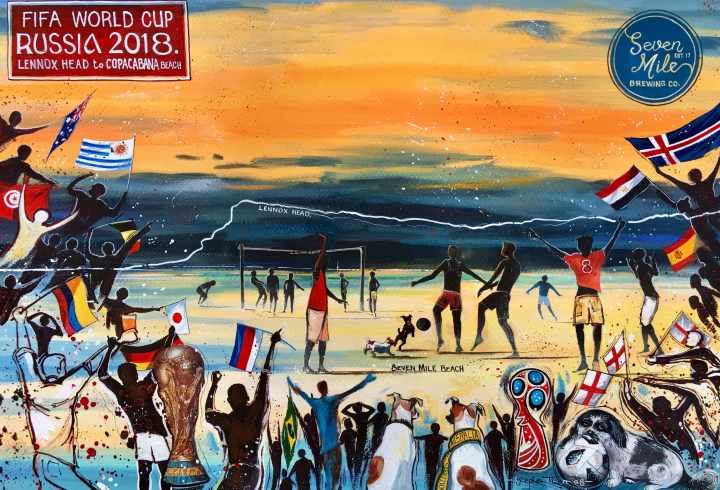 Stephen Thomas painting of the FIFA World Cup 2018 celebration in Seven Mile Beach, Lennox Head, New South Wales. Painting dimensions are 49cm x 34cm.