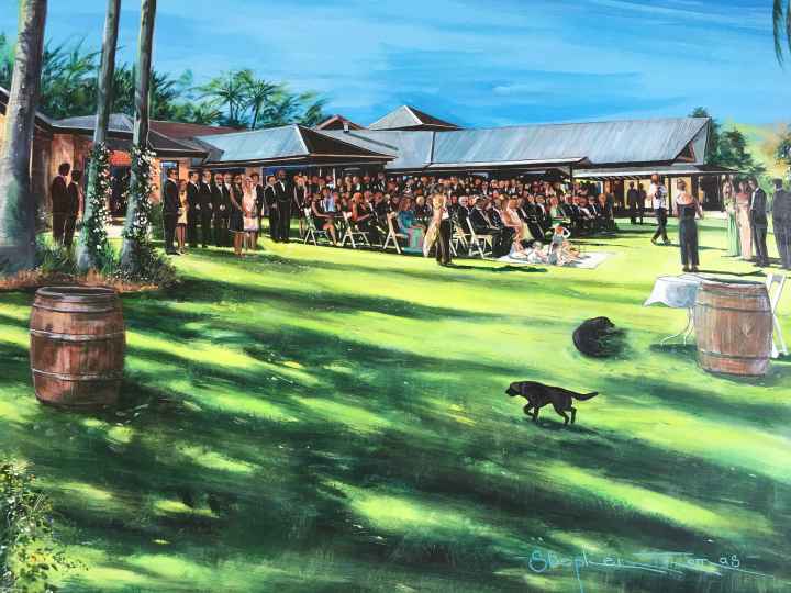 Stephen Thomas commissioned a painting of a beautiful wedding. He used watercolour, ink and liquid acrylic. Painting dimensions are 75cm x 55cm.