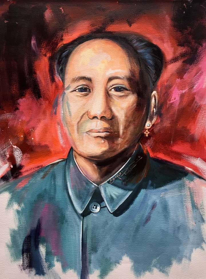 Stephen Thomas painting of Chairman Mao using watercolour and ink. Painting dimensions are 46.6cm x 36.5cm.