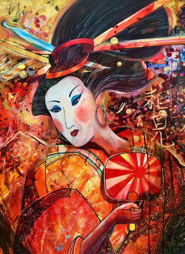 Stephen Thomas painting of one of the geisha concubine's series using watercolour and ink. Painting dimensions are 72cm x 53cm.