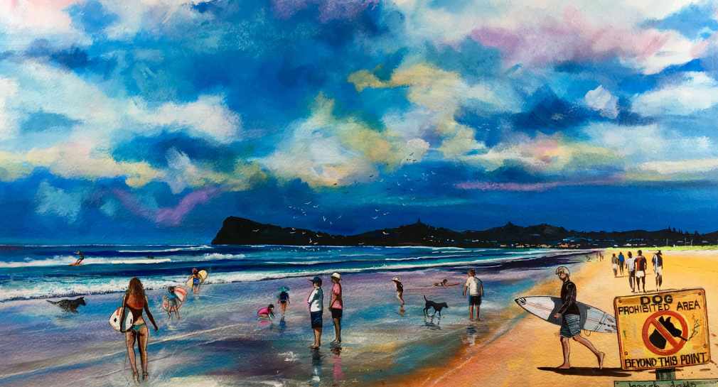 Stephen Thomas painting of gorgeous Lennox Head. He used watercolour, ink and liquid acrylic. Painting dimensions are 60cm x 50cm.