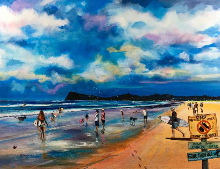 Stephen Thomas painting of gorgeous Lennox Head. He used watercolour, ink and liquid acrylic. Painting dimensions are 60cm x 50cm.