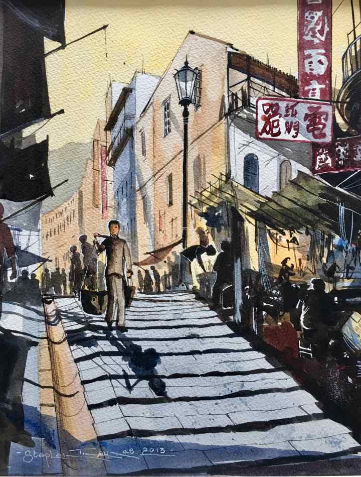 Stephen Thomas painting of Pedded Street Steps in Hong Kong using watercolour. Painting dimensions are 30cm x 23cm.