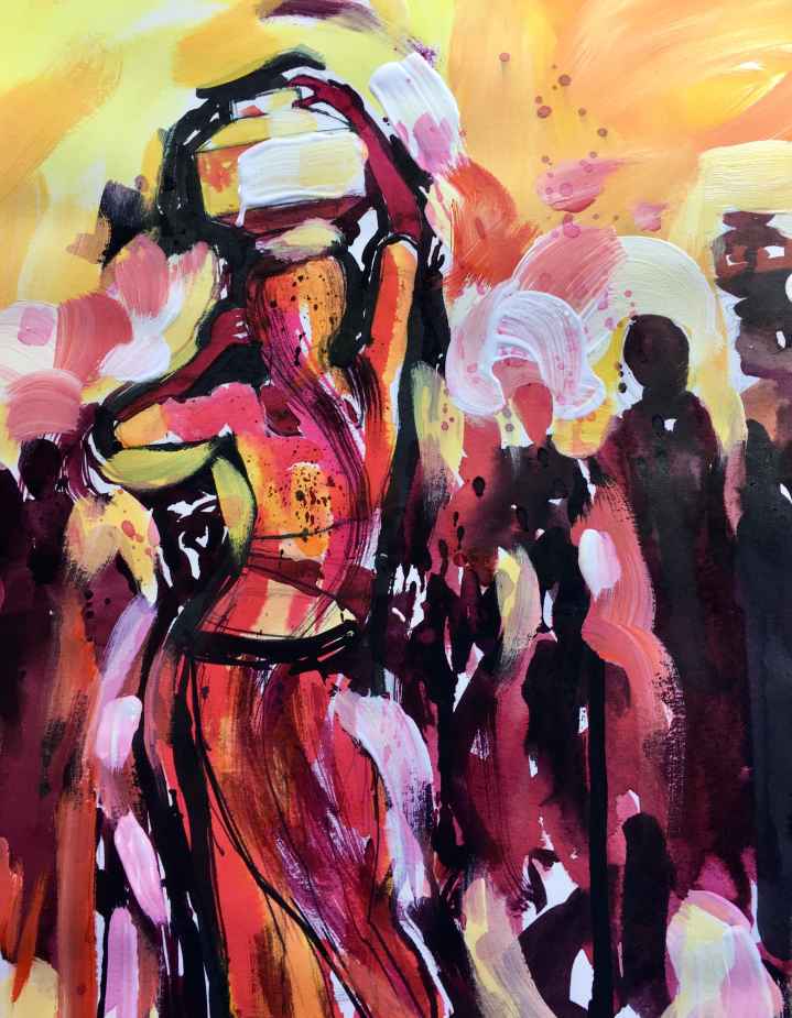 Stephen Thomas painting of water carriers in Jaipur, india. He used watercolour and acrylic. Painting dimensions are 60cm x 40cm.