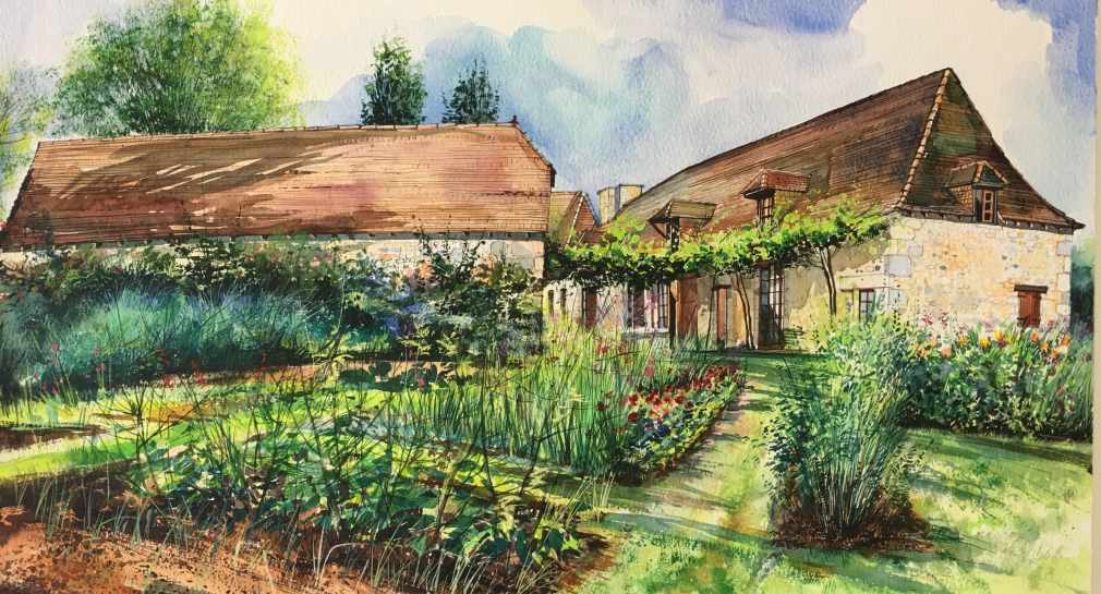 Stephen Thomas painting of Le Varissou, Annie et Claude's Chambers D'hotes (Kitchen Garden) in Terrasson, Dordogne, France. He used watercolour. Painting dimensions are 50cm x 40cm.