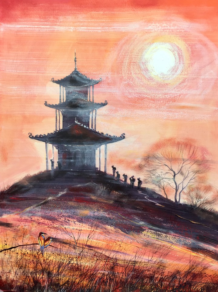 Stephen Thomas painting of a Misty Morning Worship and Bee-Eaters. He used mixed media of watercolours, inks, liquid acrylic and pastels. Painting dimensions are 38cm x 29cm.