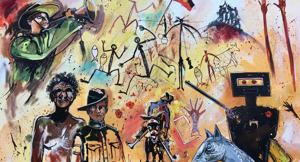 Stephen Thomas painting of ANZAC Day 2019. He used mixed media of watercolours, inks and pastels. Painting dimensions are 68cm x 48cm.