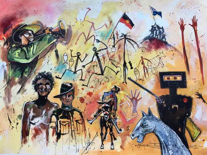 Stephen Thomas painting of ANZAC Day 2019. He used mixed media of watercolours, inks and pastels. Painting dimensions are 68cm x 48cm.